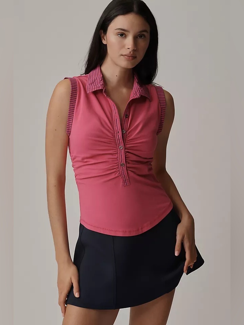 NWT Anthropologie Pilcro Varsity Polo Tank Top Ruched Striped Sleeveless size XL